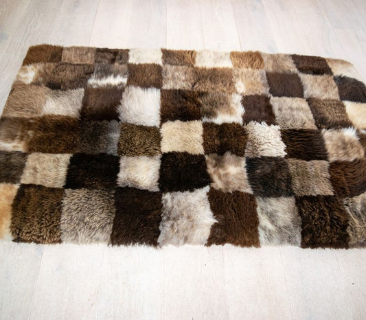 Mosaic Checkerboard Sheepskin Rug in Brown and Cream - 5x3 ft