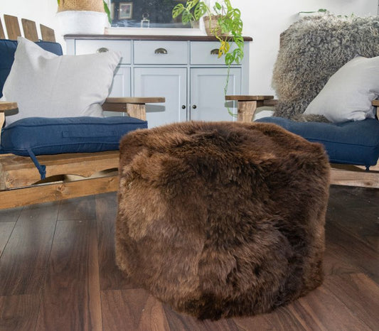 Tall Square Sheepskin Pouffe in Brown