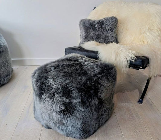 Tall Square Sheepskin Pouffe in Grey