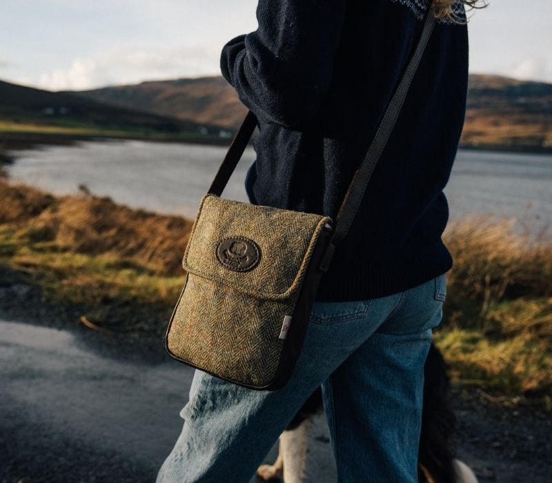 Mona Leather Handbag in Herringbone Tweed