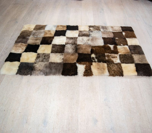 Mosaic Checkerboard Sheepskin Rug in Brown and Cream - 5x3 ft