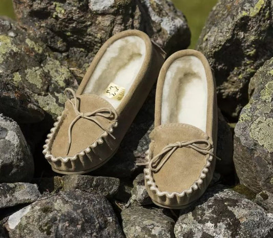 SUEDE MOCCASIN SLIPPERS (UK 3-13) IN BEIGE OR NAVY